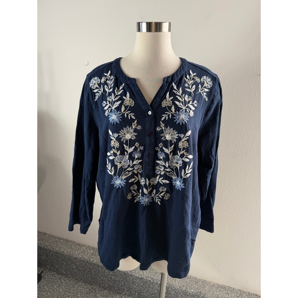 Style & Co Women Plus 3X Blue Embroidered Floral Henley Top Long Sleeve Cotton